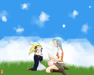 Couple anime girls grass sunny - top of a grass free wallpaper