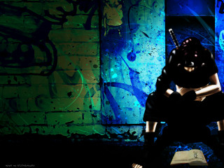 Graffiti sitting ani girl blood - a stool in front free wallpaper