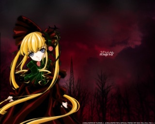 Anime girl blonde green dress - darkness free wallpaper