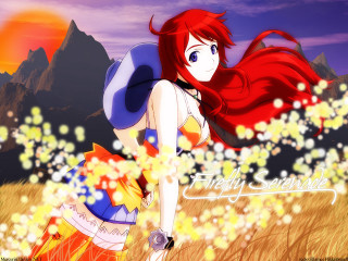 Red haired girl flower field - an anime free wallpaper