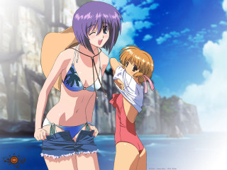 Anime girls ocean cliff blue - anime visual free wallpaper