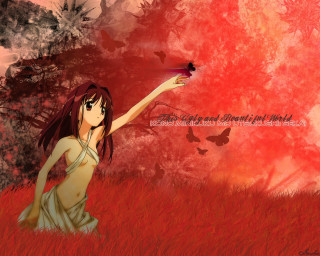 Girl butterfly autumn tree red - a red sky free wallpaper