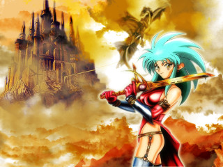 Fantasy woman sword castle dragon - above her free wallpaper