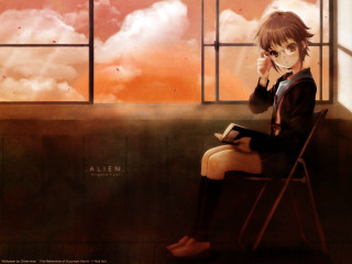 Anime girl sitting classroom window - a book in free wallpaper