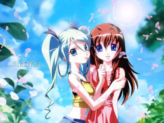 Anime girls hug blue sky - green leaf free wallpaper for desktop