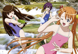 Three anime girls waterfall frog - a frog free wallpaper