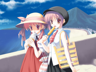 Anime girls summer beach mountain - a sky background behind them free wallpaper