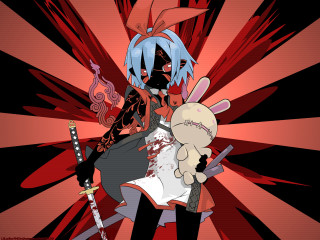 Blue bunny sword red background - his hand and a knife free wallpaper