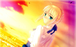 Anime girl blonde blueseyes sunset - overhead free wallpaper
