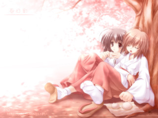 Anime girls hanami kimono sakura - two anime girls sitting next free wallpaper