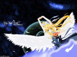 Anime girl blonde wings space - a planet in the background free wallpaper for desktop