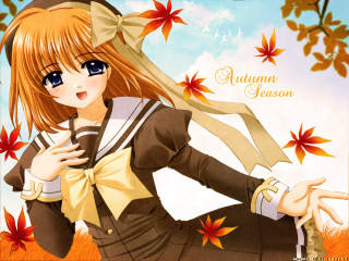 Girl leaves autumn sky anime - sōsaku hanga free wallpaper for desktop