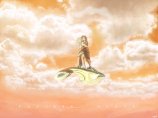 Sky girl surfboard clouds mountain - a painting of a girl free wallpaper