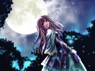Girl dress fullmoon trees anime - a full moon in the sky free wallpaper