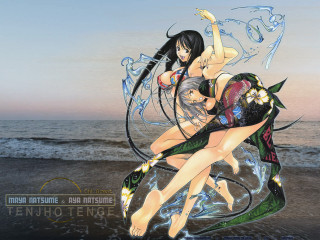 Beach sword women japanese kimono - a man in the background and a woman in the foreground free wallpaper