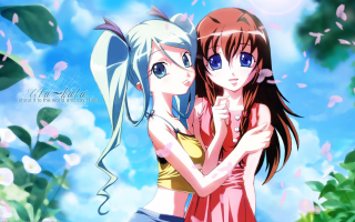 Anime girls hug blue sky 2 - behind them free wallpaper