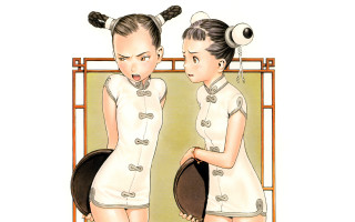 Two women dresses hair buns - a drawing free wallpaper for desktop
