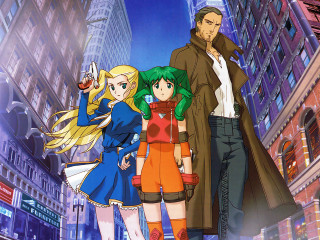 Cityscape anime night characters bridge - retrofuturism free wallpaper