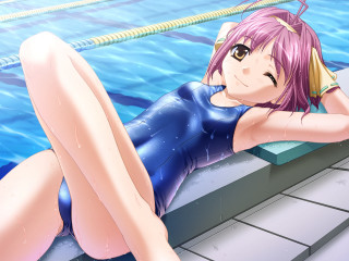 Poolside summer pinkhair wet swimsuit - a swimming pool free wallpaper