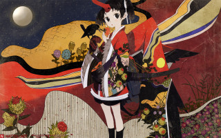 Red dress umbrella painting moon - an umbrella in front free wallpaper