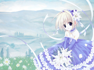 Anime girl blue dress flower - her hand and a mountain in the background free wallpaper