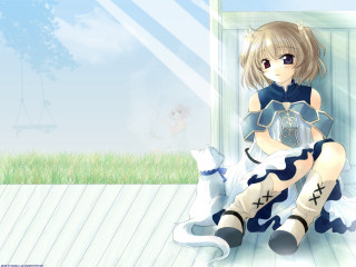 Anime girl sitting cat tree - a wooden floor next free wallpaper for desktop