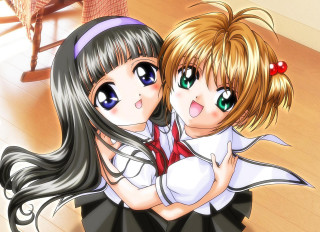 Anime girls hug school uniform - the floor in a room free wallpaper