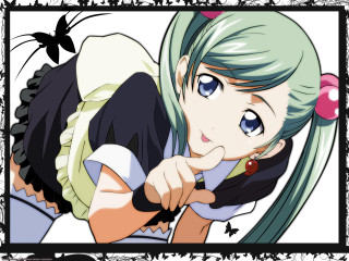 Green hair blue eyes girl - a pink object free wallpaper for desktop