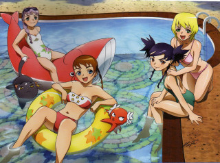 Cartoon girls raft pool cat - a group of cartoon characters free wallpaper