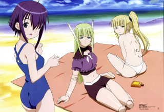 Three anime girls beach bottle - a bottle of beer free wallpaper