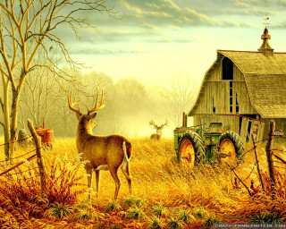 Deer tractor field barn grass - a fine art painting free wallpaper for desktop