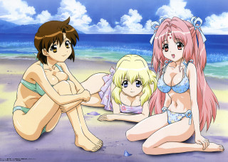 Three anime girls beach bikini 2 - the other wearing free wallpaper