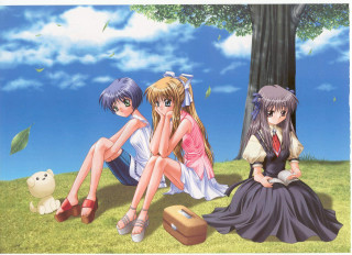 Three anime girls teddy grass - three anime girl free wallpaper