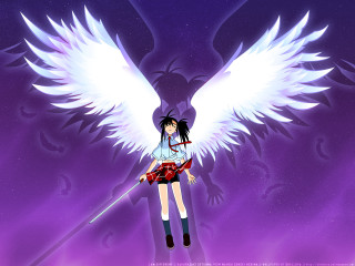 Girl wings sword purple background - a white angel free wallpaper