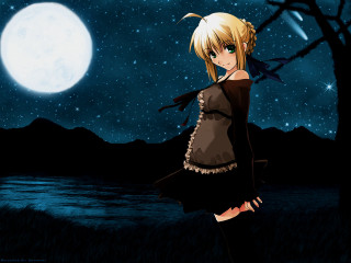 Moonlit girl lake gothic anime - a full moon in the background free wallpaper for desktop