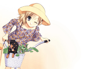 Girl hat dog basket manga - a girl in a hat free wallpaper