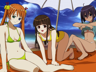 Three anime girls beach umbrella 2 - three anime girl free wallpaper