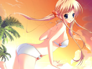 Cartoon girl beach palm sunset - a cartoon girl in a bikini free wallpaper