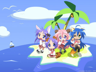 Anime girls island sailboat palm - net art free wallpaper