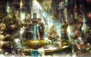 Fantasy group people fountain setting - akihiko yoshida free wallpaper