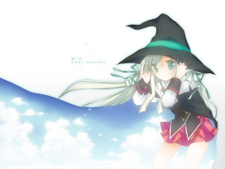 Girl witch hat flying azure - plain background free wallpaper for desktop