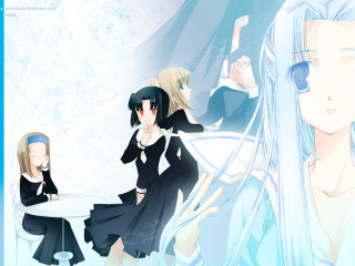 Anime girls table man woman - a group of anime girls sitting free wallpaper
