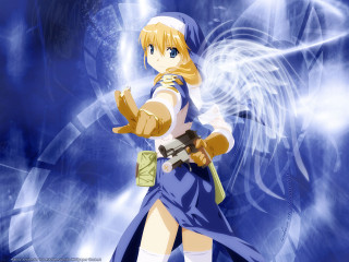Anime blonde sword wings blue - white swirl free wallpaper