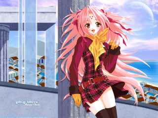 Pink hair girl ocean balcony - a balcony free wallpaper