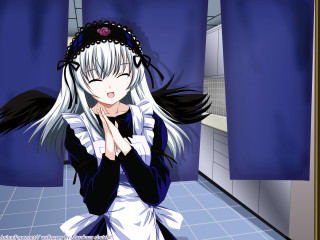 White haired girl blue walls - blue wall free wallpaper