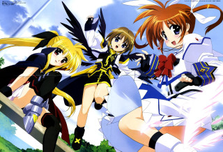 Anime girls field wings bows - their arm free wallpaper