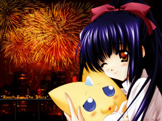 Girl pillow fireworks cityscape anime - a girl holding free wallpaper