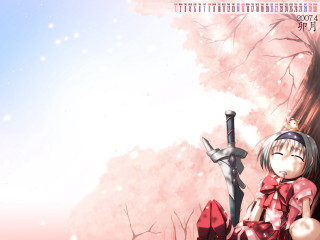 Girl sitting tree branch sword - a pink sky in the background free wallpaper