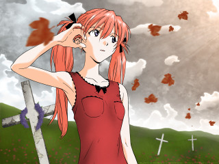 Red hair girl cross clouds - overhead free wallpaper