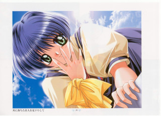Anime greeneyes yellowshirt blueSky clouds - a yellow shirt free wallpaper